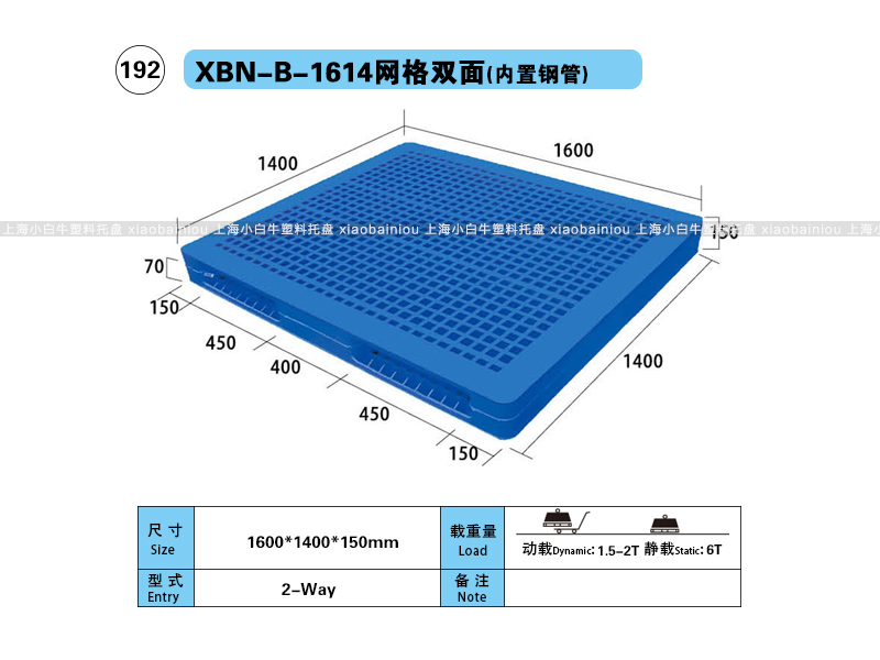 上海小白牛塑料托盘系列-1614网格双面内置钢管塑料托盘（1.6*1.4米）