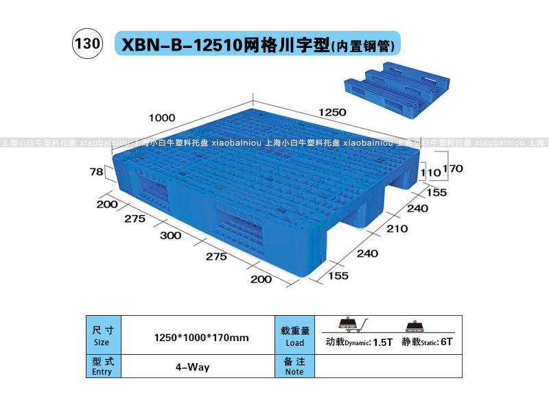 上海小白牛塑料托盘系列-1616网格双面内置钢管塑料托盘（1.6*1.6米）